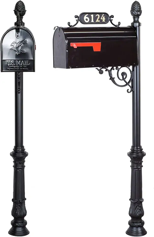 Imperial Mailbox System with Large Rural Mail Post Box, Number Plate Mount, Mounting Bracket and Decorative Pole Assembly, Strong Aluminum Craftsmanship, Home Address Use Pineapple Finial
