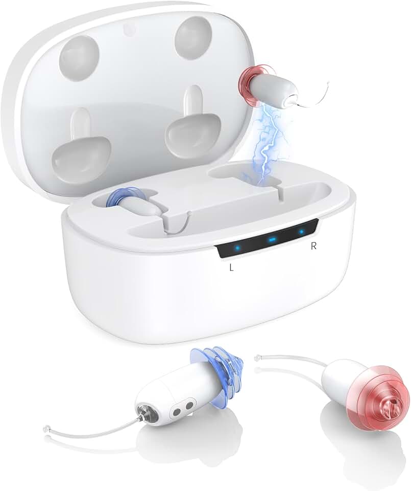 OTC Hearing Aid, Rechargeable Hearing Amplifiers for Mild to Moderate Hearing Loss Seniors and Adults with Noise Canceling and Adjustable Volume Control with Magnetic Charging Case (White)