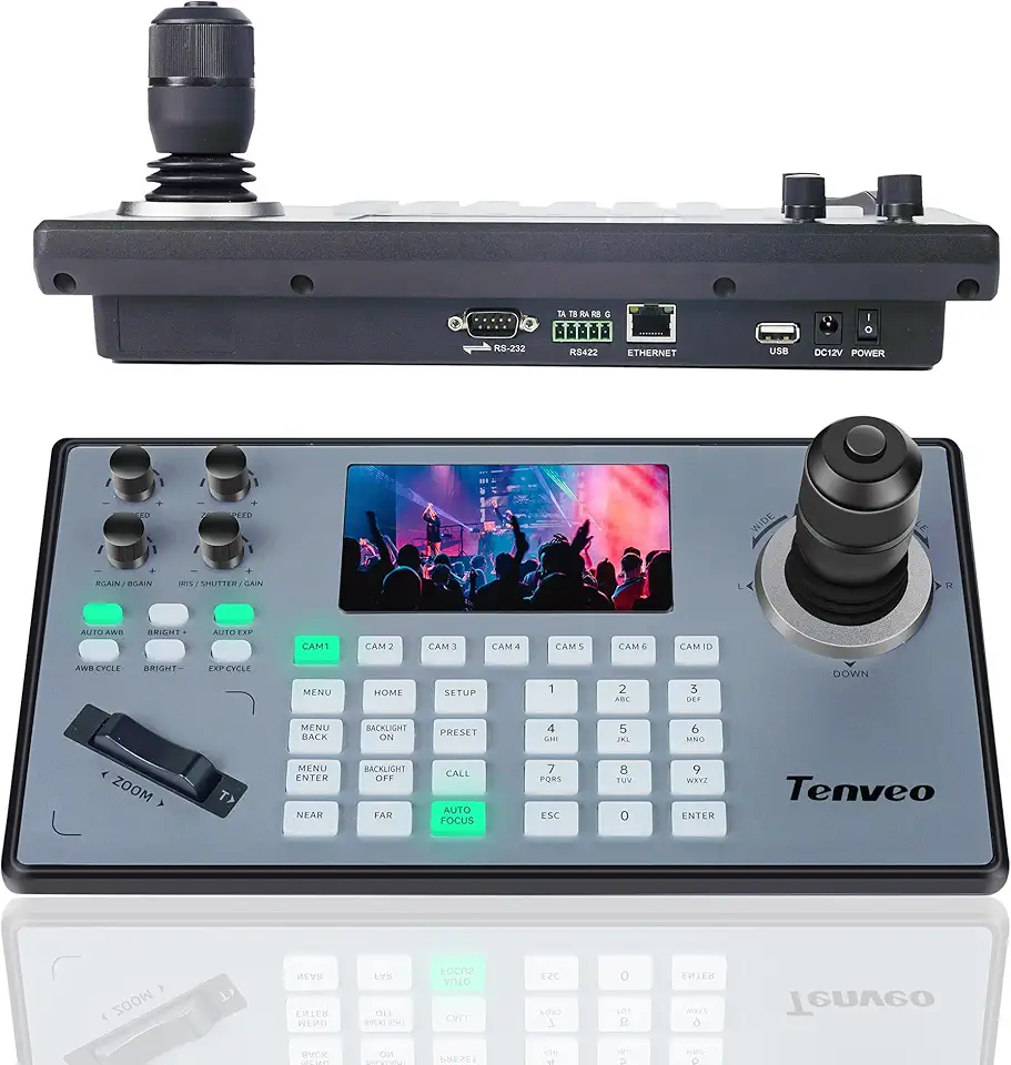 PTZ Camera Joystick Controller, 5'' LCD Screen Real-time Preview 4D Joystick Conference Control Keyboard Support NDI PoE VISCA Pelco-D/P RS422/RS485 RS232 RJ45 For Church Live/Events/Streaming