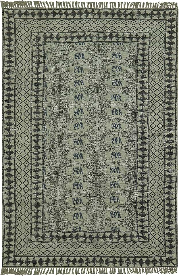 Collection Square - 7x7 Area Rug Black & Grey Pattern Cotton Dhurrie Geometric Kilim Rug Indoor Outdoor Use Carpet Flatweave Rugs for Bedroom Bedside Mat Dining Table Mat & Hall