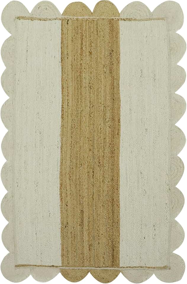 Jute Rug Kilim Rug 6 Square Rugs for Bed Room Braided Rug Indoor Outdoor Use White Beige Scalloped Jute Rug Flatweave Rugs for Large Area Dining Side Square Mat Hall Room Patio Doormat