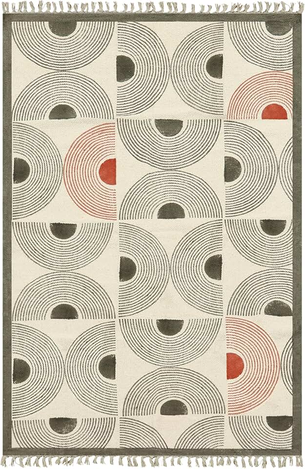 Collection Square - 7x7 Area Rug Green & Orange Pattern Cotton Dhurrie Geometric Kilim Rug Indoor Outdoor Use Carpet Flatweave Rugs for Bedroom Bedside Mat Dining Table Mat & Hall