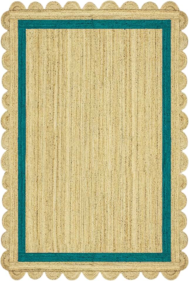 7' Square Rug Kilim Rug Scalloped Rug Beige & Blue Pattern Braided Jute Rug Indoor Outdoor Rug Flatweave Rug High Traffic Area Bedroom Bedside Custom Mat Dining Table Doormat