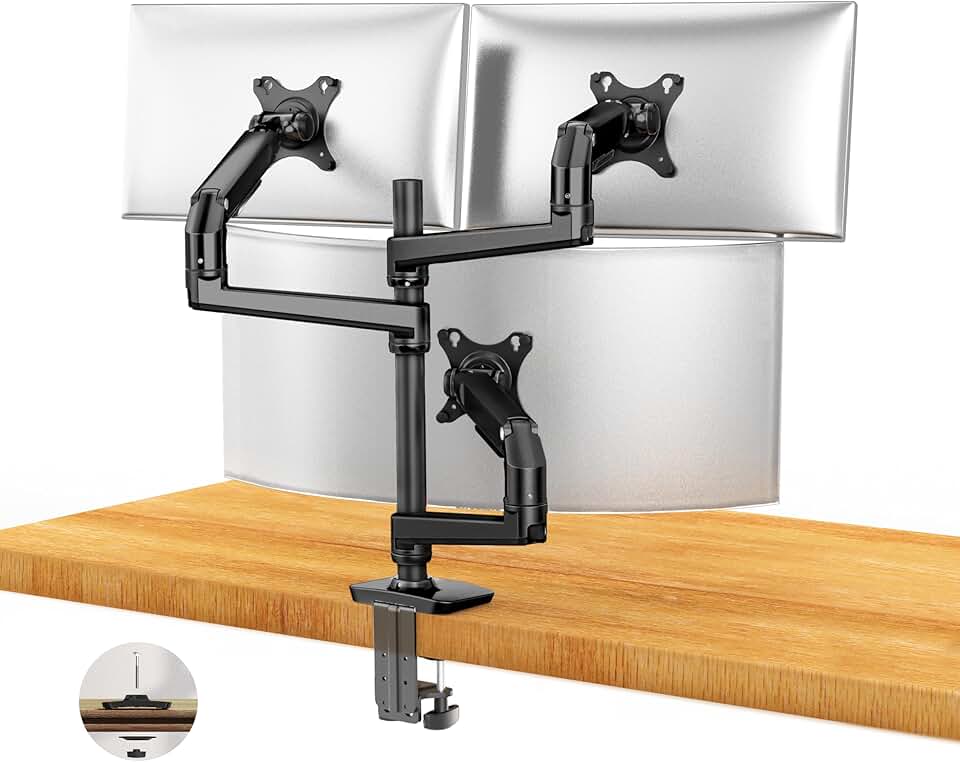 Triple Monitor Mount - Adjustable 3 Monitor Desk Mount, Triple Monitor Stand for Screens up to 40 Inches Within 25 lbs, Monitor Arm for 3 Monitors with C-Clamp and Grommet Base - Black