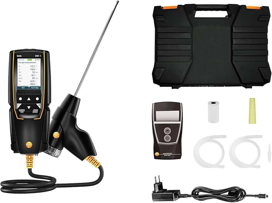 Testo Natural Gas Detector Set 310 II – Manometer for Temperature, Flue Gas, and Pressure – Combustion Analyzer with Printer – Air Quality Tester with Smart App – Carbon Monoxide Meter with Probe