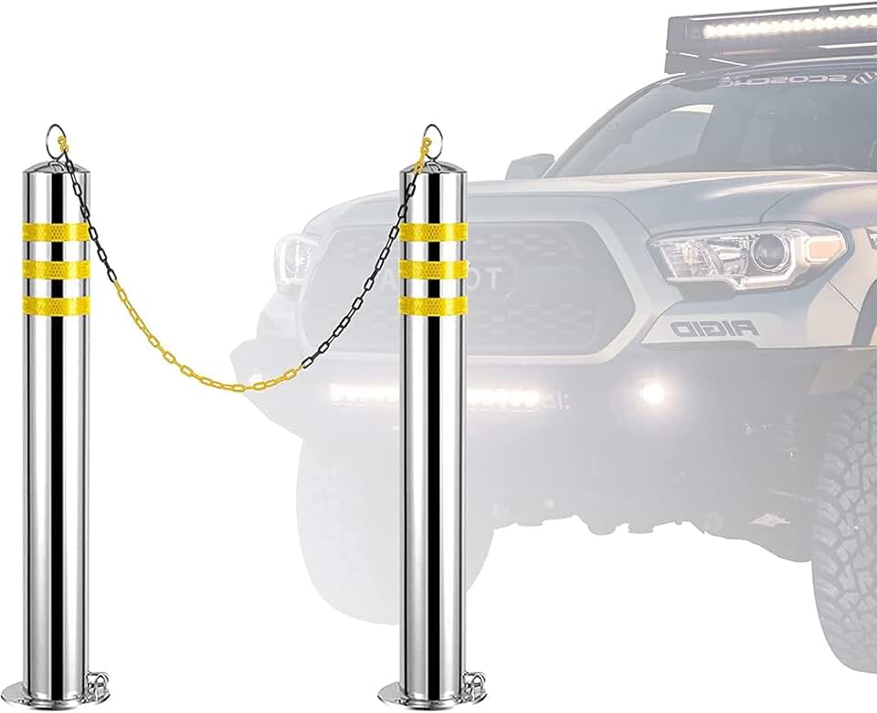 Security Parking Bollard Post 2PCS Driveway Chain Barrier for Parking Space, Block Off Areas, Stainless Steel Bollard Post with 16.4ft Chain and Expansion Bolts, Car Parking Protection Posts (Size :