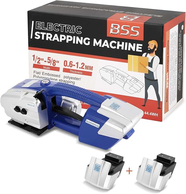 BAOSHISHAN 4000mah Battery x 2 Electric Strapping Machine for 1/2-5/8in PP PET Straps Battery Powered Automatic Strapping Tool Tensioner Welder and Cutter 3 in 1(Dark Blue)