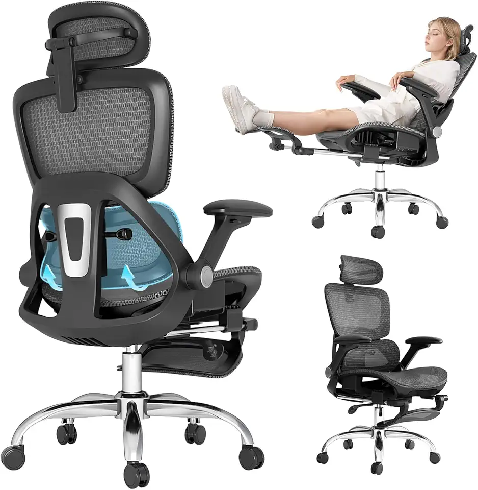 Ergonomic Office Chair, 400 LBS Capacity, Adjustable Adaptive Lumbar Support, High Back Mesh Chair with Flip-up Arms, Retractable Footrest, Gaming Chair