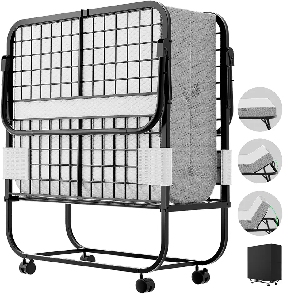 Folding Bed with Mattress for Adults, Portable Folding Bed with Adjustable Backrest, Cot Size Rollaway Bed with Memory Foam Mattress and Metal Frame on Wheels, Guest Bed, 75‘’ x 31‘’,Black