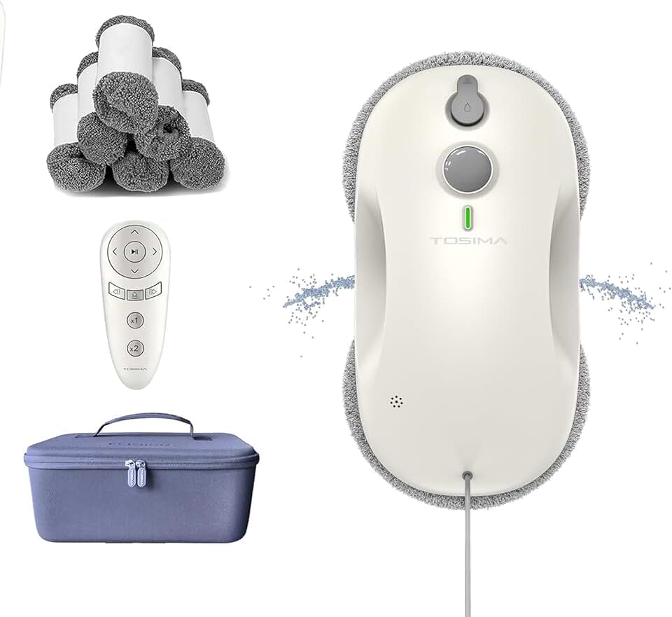 W3 Window Cleaning Robot - Dual Direction Auto-Spray Smart Window Cleaner with Triple Safety System, Smart Navigation, Remote Control, for All Smooth Surfaces, with 12 Rags, White