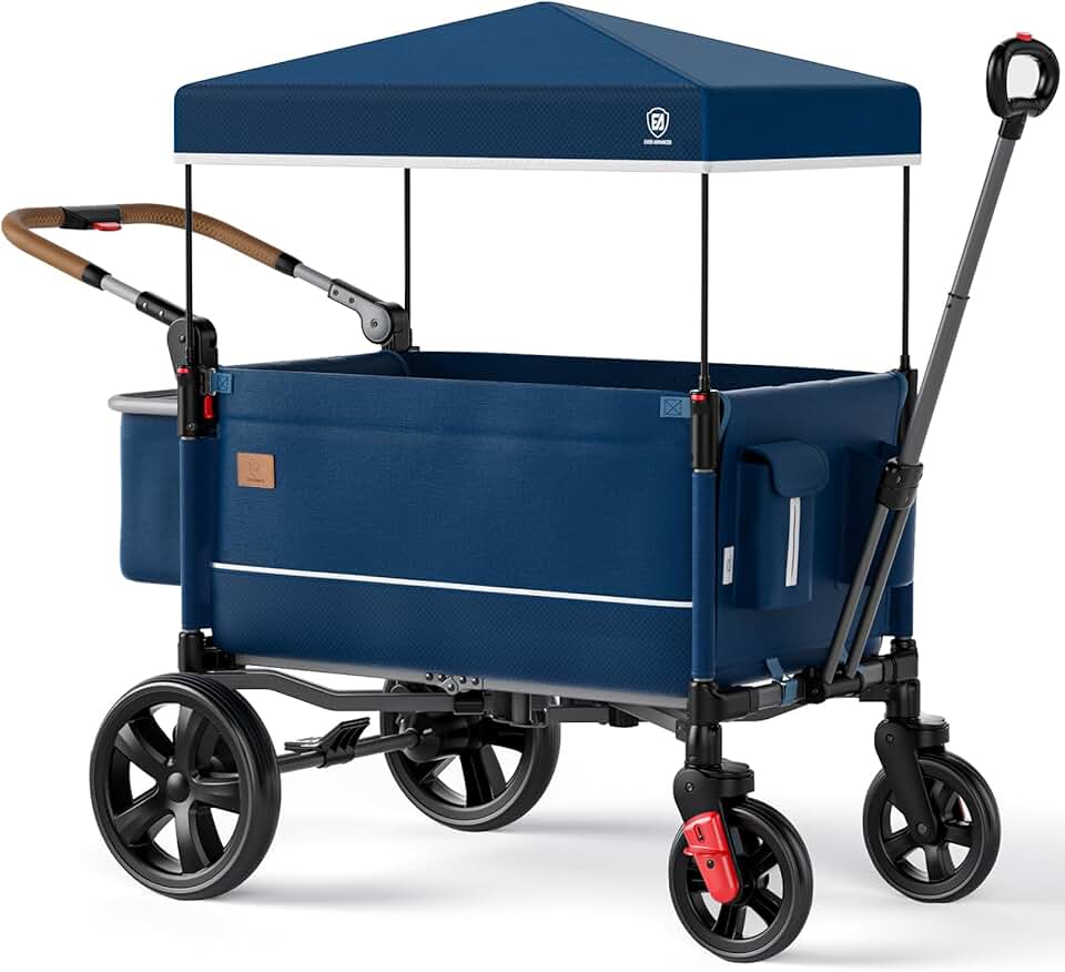 EVER ADVANCED Side-Unzip Wagon Stroller for 2 Kids, Push Pull Stroller with Adjustable Handle, Easy Access Zipper Door, 5-Point Harness Removable UV-Protection Canopy Shock-Absorbing Wheels, Blue