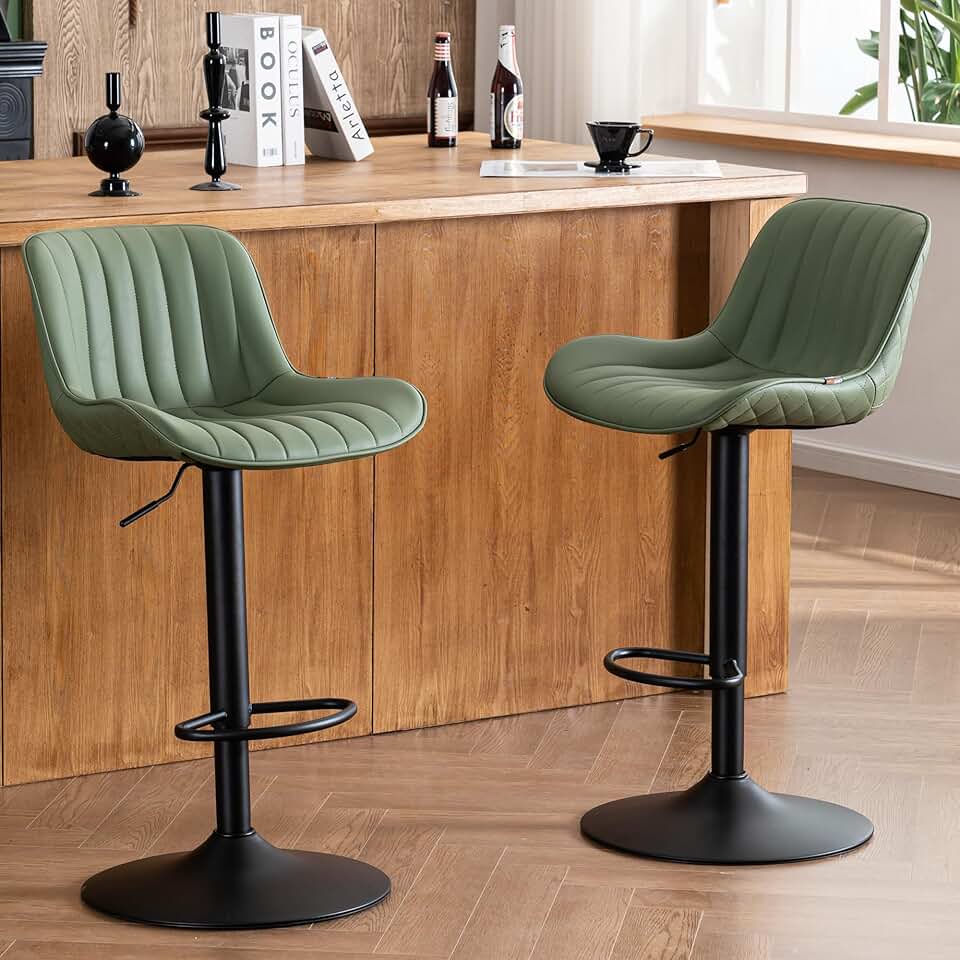 YOUNIKE Bar Stools Set of 2 Counter Height Barstools with Backs Swivel Faux Leather Kitchen Island Bar Chair Modern Adjustable Breakfast taburetes de bar Padded sillas para barra de cocina Olive Green