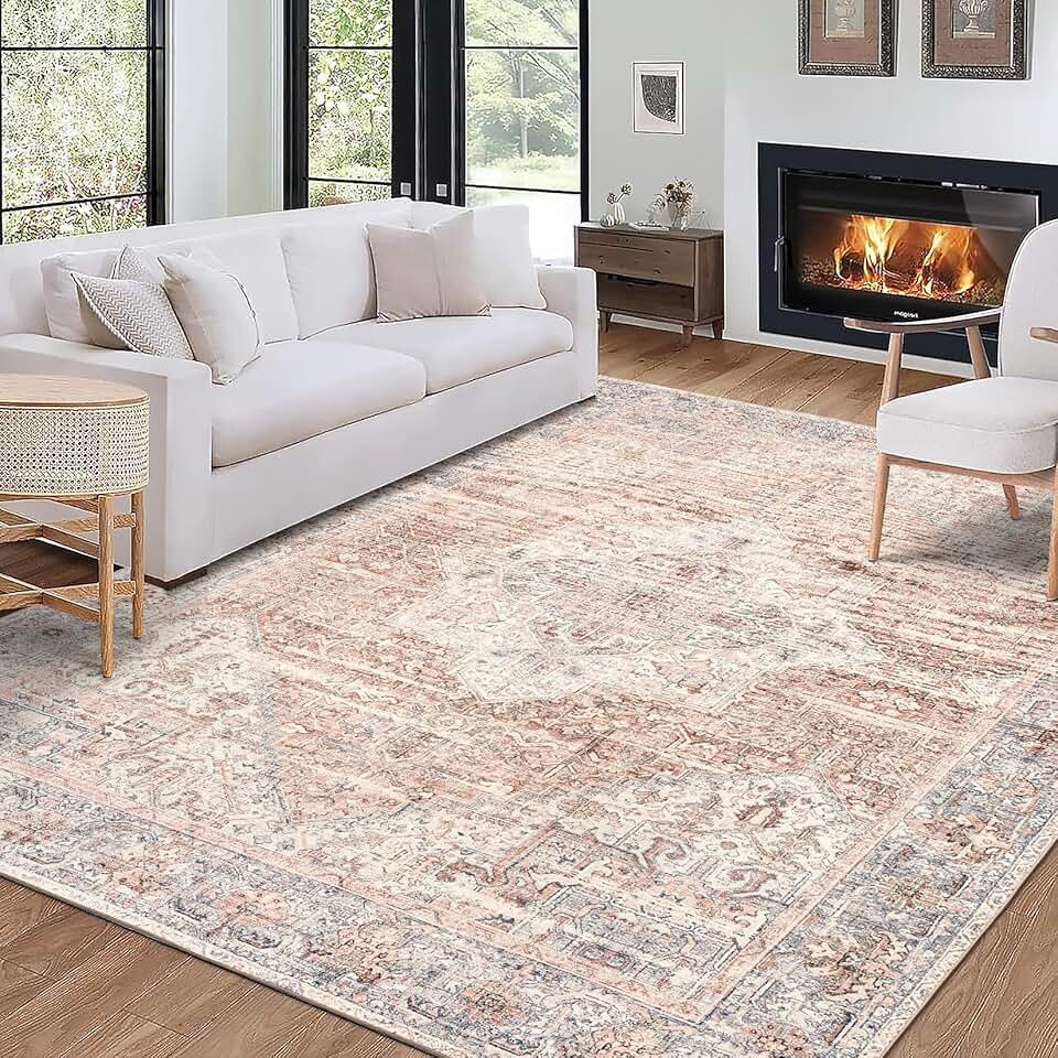 ReaLife Machine Washable Area Rug - Living Room Bedroom Bathroom Kitchen Entryway Office - Padded Low Pile Stain Resistant Premium - Boho Farmhouse Vintage - Lyle - Gray Ivory Blush 7'6