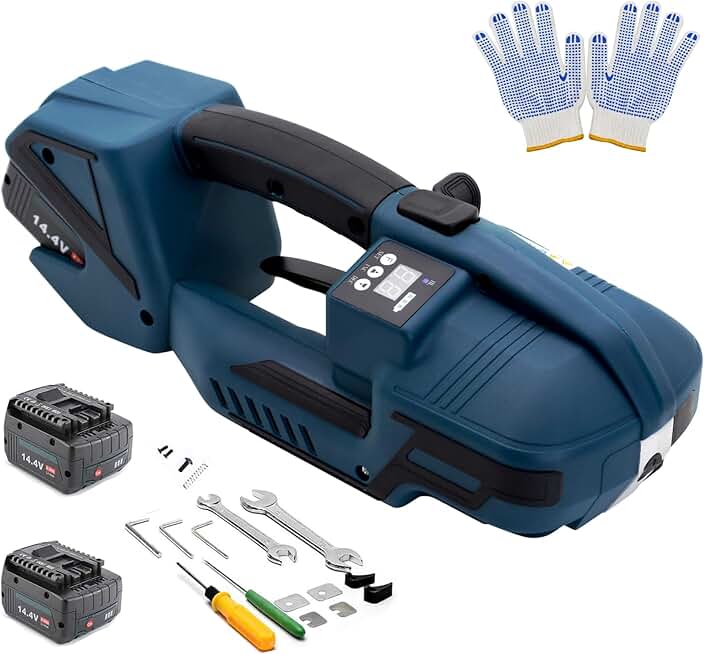HIGHTOP Electric Strapping Machine with LCD Screen 2 * 4000mah Battery,Portable Electric Banding Tool for 1/2-5/8Inch PP PET Straps,Automatic Pallet Packaging Banding Tools for Strapping