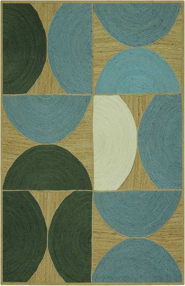 Collection Square - Area Rug 7x7 Green & Blue Pattern Braided Jute Rug Geometric Kilim Rug Indoor Outdoor Use Carpet Flatweave Rugs for Bedroom Bedside Mat Dining Table Mat & Hall