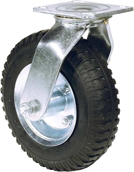 Pneumatic Plate Caster, Swivel, Kingpinless, Rubber Wheel, Tapered Roller Bearing, 1000 lbs Capacity, 16