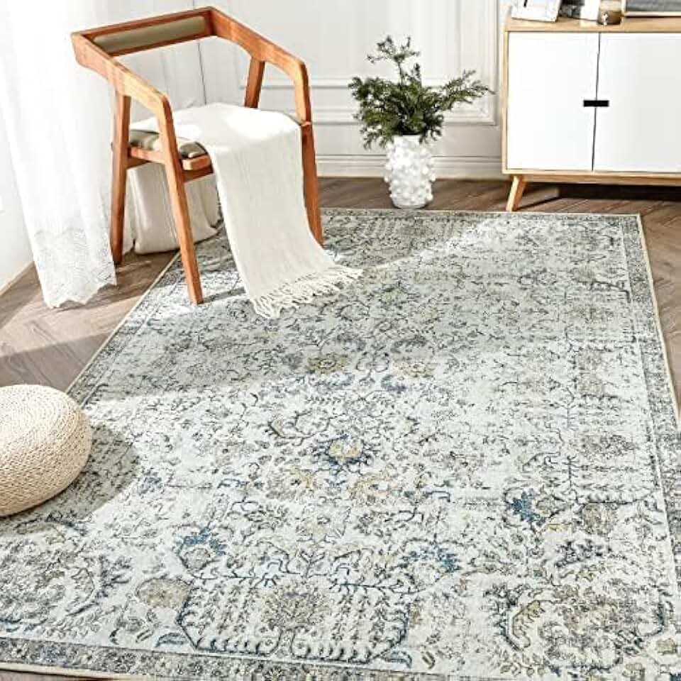 jinchan Area Rug 9x12 Washable Rug Vintage Rug Indoor Thin Rug Retro Accent Rug Distressed Carpet Blue Multi Floral Print Country Boho Rug Non Slip Kitchen Bedroom Living Room Dining Room Office