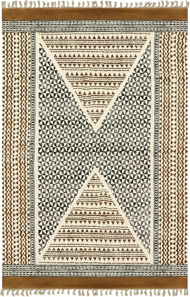 Collection Square - Area Rug 7x7 Black & Brown Pattern Cotton Dhurrie Geometric Kilim Rug Indoor Outdoor Use Carpet Flatweave Rugs for Bedroom Bedside Mat Dining Table Mat & Hall