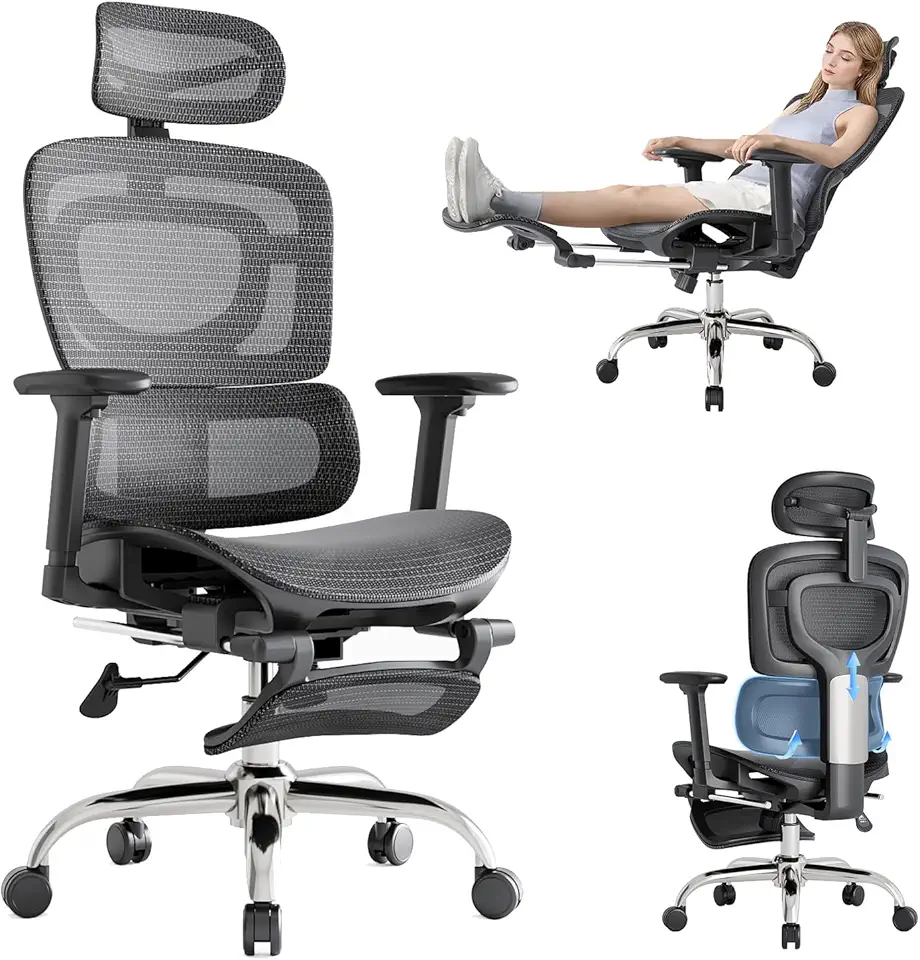Ergonomic Office Chair, Adaptive Lumbar Support, SGS Class 4 Gas Clylinder 400 LBS Capacity，3D Headrest & Armrest and Retractable Footrest, Mesh Breathable Desk Chair, Kneeling Chair