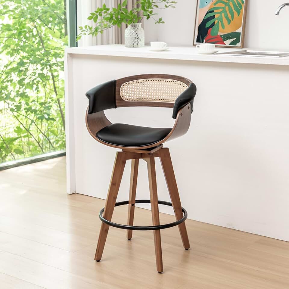 Set of 1 Swivel Counter Stool - 26.4 inch Mid Century Modern Bar Stool with Rattan Back, Upholstered Faux Leather, Walnut Craftsmanship, Ideal for Kitchen/Counter/Bar/Island (Dark Black)