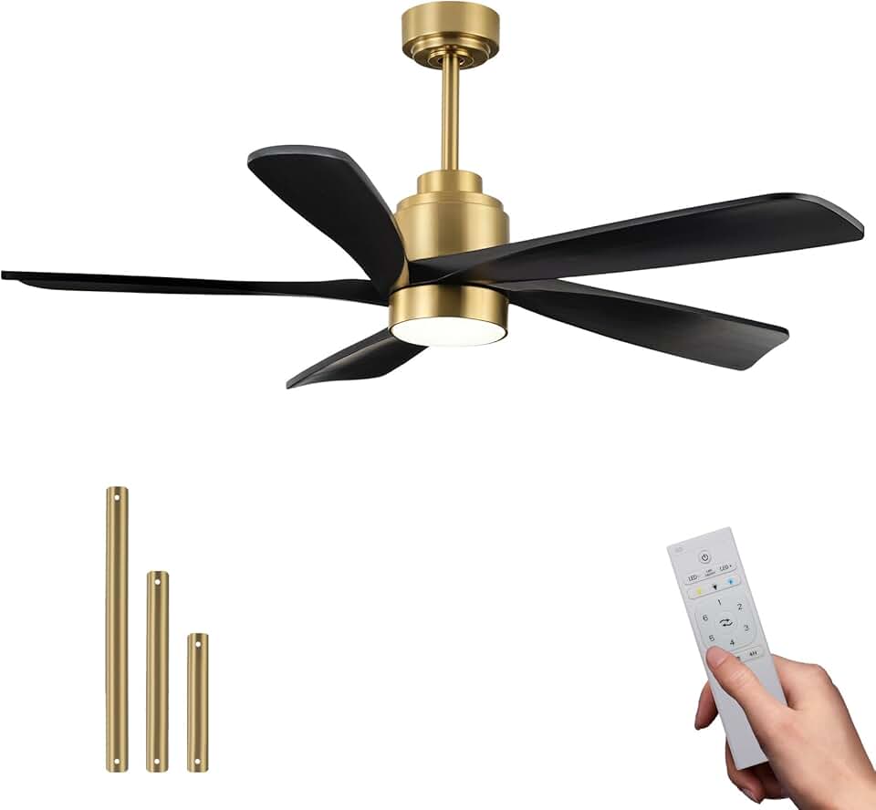 60 Inch Ceiling Fan with Light and Remote - Black Gold Modern Design | Copper Motor Reversible | 5 Engineered Wood Blades | 35db Ultra-Quiet | 5279 CFM (60