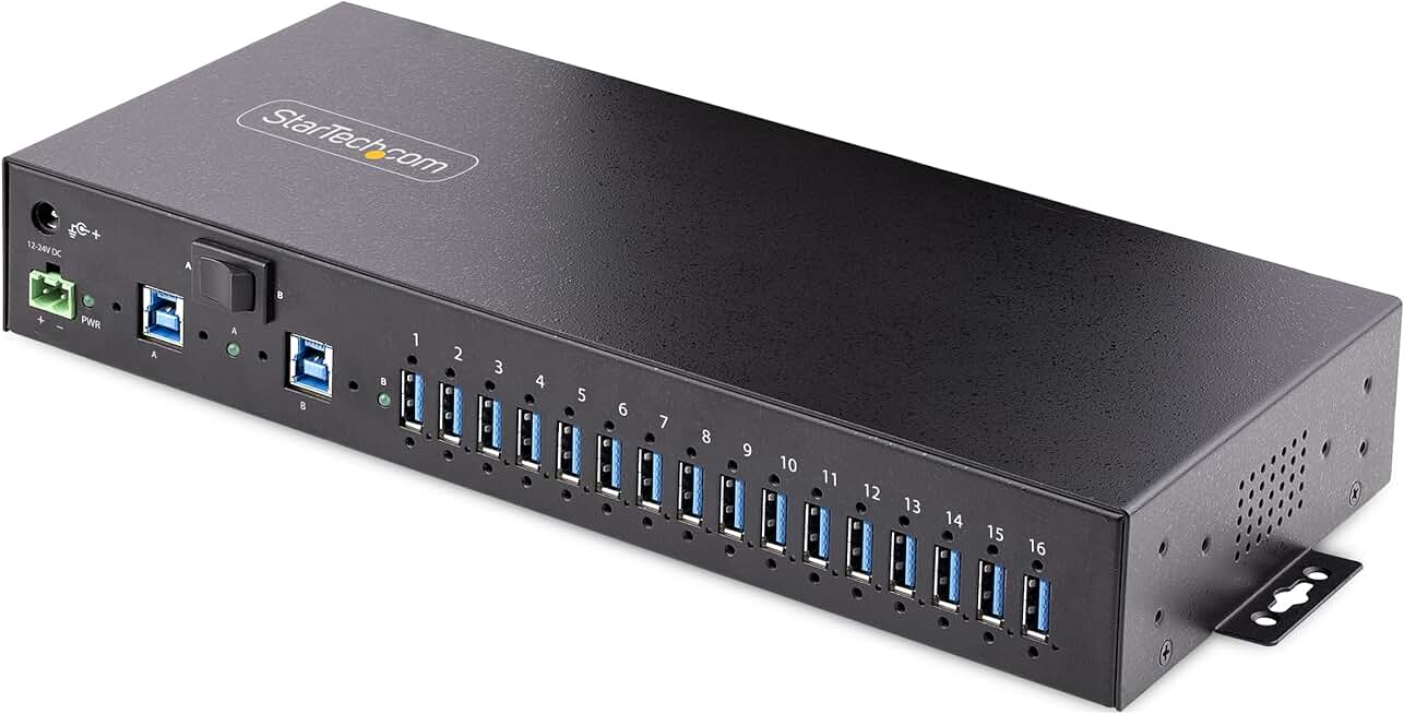 StarTech.com 16-Port Industrial USB 3.0 Hub 5Gbps, Metal, DIN/Surface/Rack Mountable, ESD Protection, Terminal Block Power, up to 120W Shared USB Charging, Dual-Host Hub/Switch (5G16AINDS-USB-A-HUB)