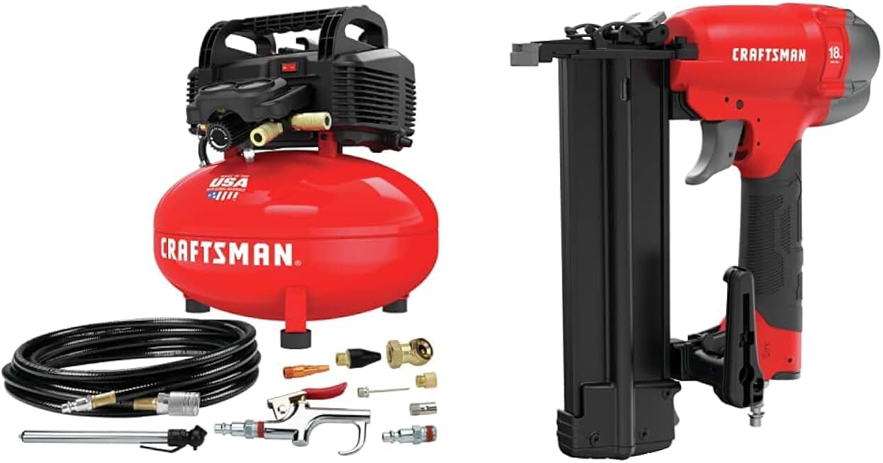 CRAFTSMAN Air Compressor, 6 Gallon, Pancake, Oil-Free with 13 Piece Accessory Kit w/Finish Nailer, 18GA, Pneumatic (CMEC6150K & CMPBN18K)