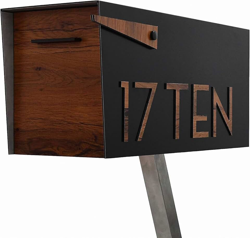 Contemporary Post Mount Mailbox/Aluminum Black Body and Aluminum Red Oak Door and Numbers, Custom Mailbox, Letterbox, Mailnest Type 4