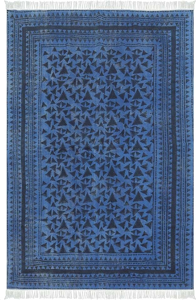 Collection Square - Area Rug 7x7 Blue & Black Pattern Cotton Dhurrie Geometric Kilim Rug Indoor Outdoor Use Carpet Flatweave Rugs for Bedroom Bedside Mat Dining Table Mat & Hall