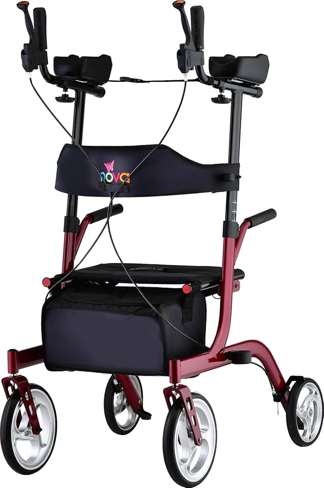 NOVA Phoenix Rise UP Rollator, Upright Walker with Padded & Contoured Forearm Platform, Stand Up Walker with 10” Front Wheels, Foldable and Lightweight at 20 lbs. Color: Red