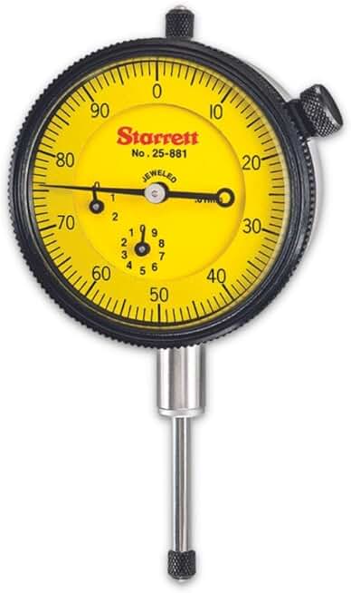 Starrett 25 Series Dial Indicator with Jewel Bearings and Lug-On-Center Back - Yellow Face, 0-25.0mm Range, 0-100 Dial Reading, 0.01mm Graduations - 25-881J