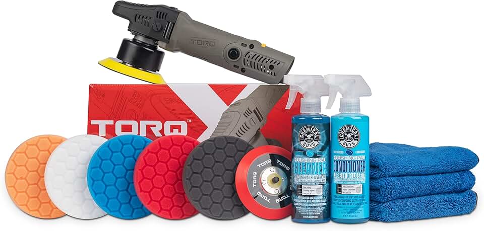 Chemical Guys BUF_209X TORQX Random Orbital Polisher, Complete Detailing Kit with Pads, Pad Cleaner & Conditioner, Towels (Safe for Cars, Trucks, SUVs, & More) 700W, Orbit 8mm - 12 Items