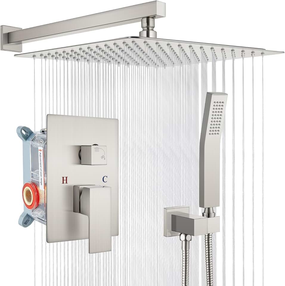 gotonovo Rainfall Bathroom Shower System Rain Shower Head and Handle Set Wall Mounted Shower Complete Combo Solid Brass Pressure Balancing Shower Mixer Valve 16 Inch Brushed Nickel