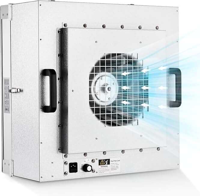 YJINGRUI Laminar Flow Hood, H-14 HEPA Filter with Safety Locks, Class 100/ ISO Class 5 Cleanliness, Fan Filter Unit 22.6x22.6in Flow Hood Mycology/Clean Room/Laboratory 110V