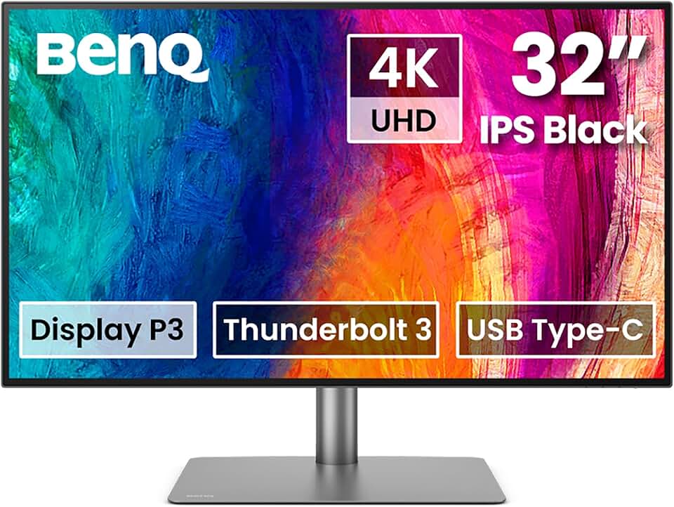BenQ PD3225U 32 Inch 4K IPS Black UHD Thunderbolt Monitor for MacBook, AQCOLOR, 98% P3, 100% sRGB & Rec.709, DeltaE ≤2, Factory Calibration, USB-C 85W, USB Hub, Daisy Chain, KVM Switch