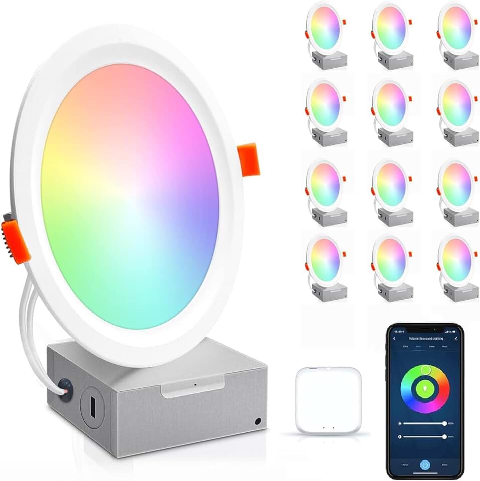 Peteme Smart Led Recessed Lighting 6 Inch 12 Pack WiFi Ceiling Light 14W,1200LM Color Changing Recessed Lighting RGB Cool & Warm White, Sync to Music, Controllable Downlight Compatible with Alexa