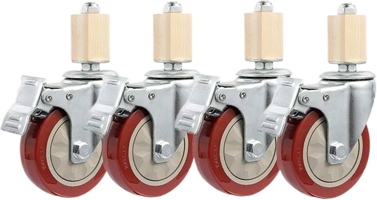 PONNYC 4 Inch Caster 30mm Square Tube Stainless Steel Furniture Leg Iron with Brake Universal Wheel 4Pcs, Red