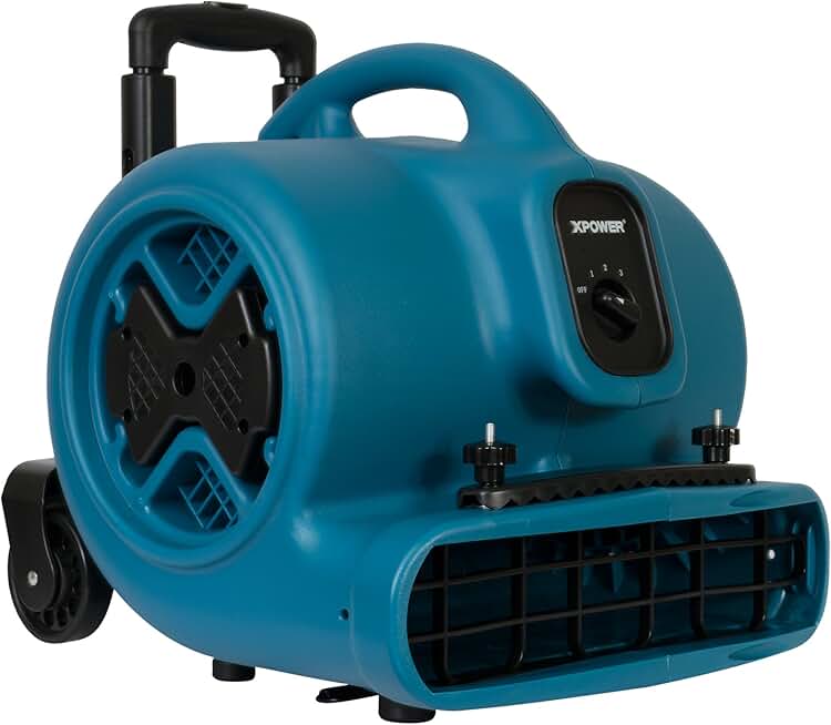 XPOWER P-630HC Pro 1/2 HP 2800 CFM Centrifugal Air Mover, Carpet Dryer, Floor Fan, Blower, Telescopic Handle and Wheels, Carpet Clamp, for Water Damage Restoration, Janitorial, Plumbing, Home Us, Blue