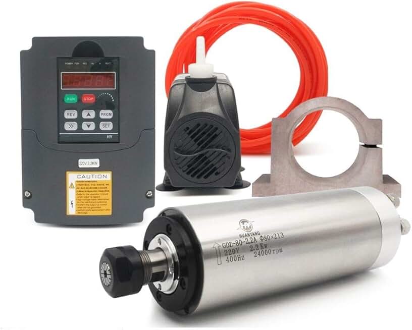 VFD CNC Spindle Motor Kits：220V 2.2KW CNC VFD+220V 2.2KW 4bearings 400hz 24000rpm Φ80mm Water Cooled Spindle Motor+220V 75W Water Pump+80mm Motor Clamp Mount+5m Water Pipe (Factory Direct Sales)