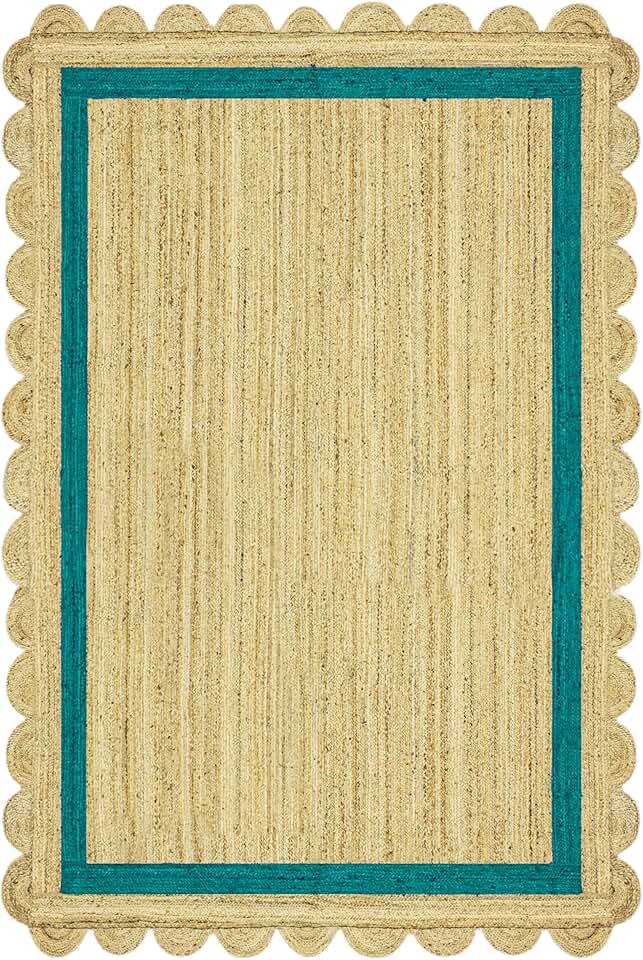 11' Square Rug Kilim Rug Scalloped Rug Beige & Green Pattern Braided Jute Rug Indoor Outdoor Rug Flatweave Rug High Traffic Area Bedroom Bedside Custom Mat Dining Table Doormat