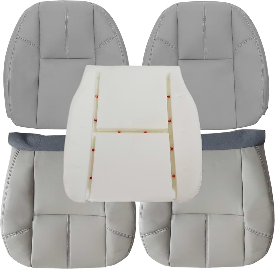 GXARTS Driver and Passenger Bottom and Top Lean Back Leather Seat Cover & Driver Foam Cushion fit for Chevy Tahoe Suburban Avalanche Silverado GMC Yukon Sierra 2007 2008 2009 2010 2012 2013 2014 Gray