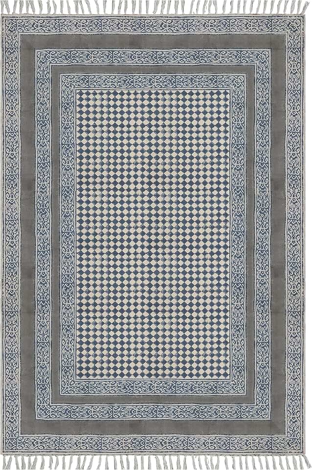 Collection Square - 7x7 Area Rug Grey & Beige Pattern Cotton Dhurrie Geometric Kilim Rug Indoor Outdoor Use Carpet Flatweave Rugs for Bedroom Bedside Mat Dining Table Mat & Hall