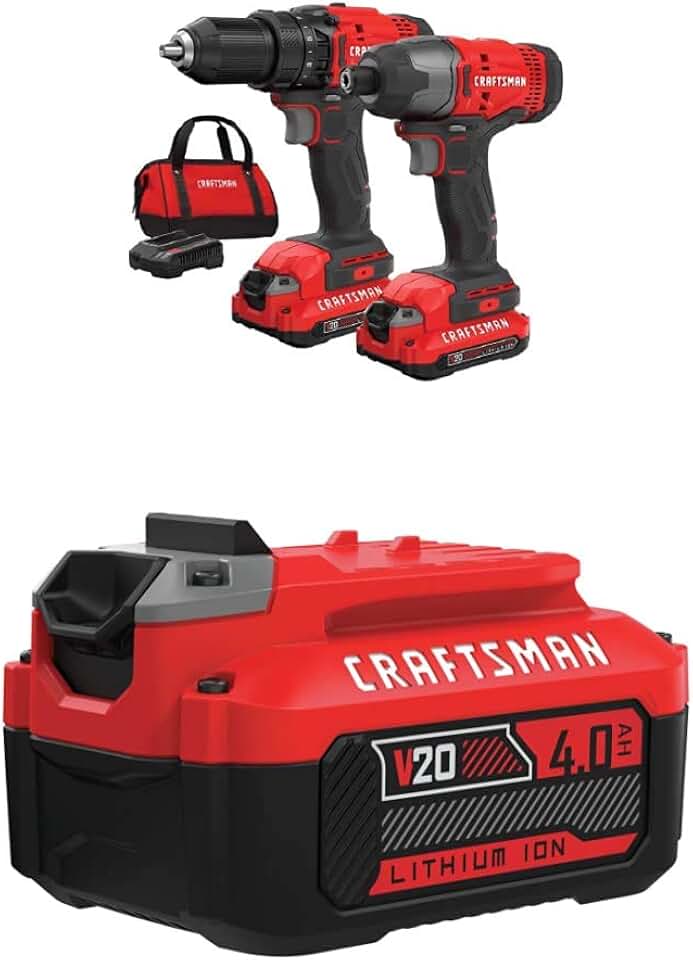 CRAFTSMAN V20 MAX Cordless Drill and Impact Driver, Power Tool Combo Kit with 2 Batteries and Charger (CMCK200C2) & (1) V20 Lithium Ion Battery, 4.0-Amp Hour (CMCB204)