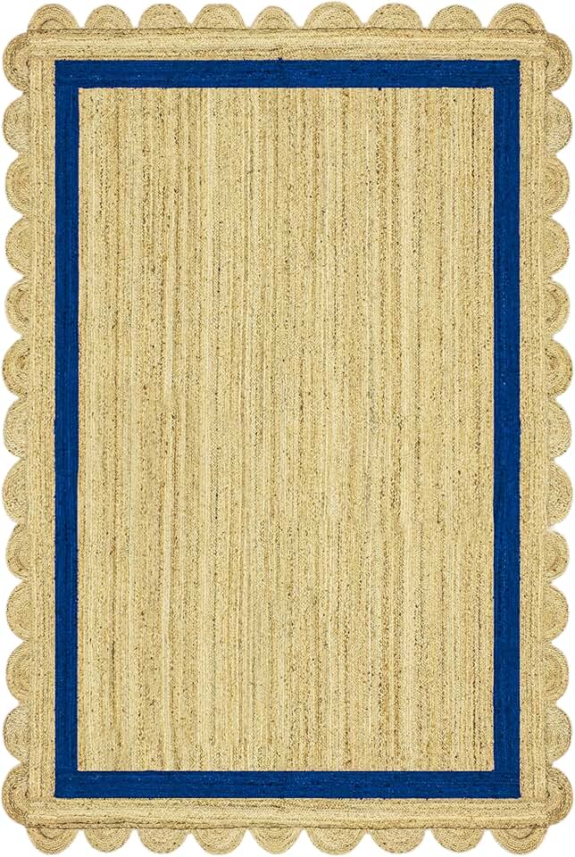 7' Square Rug Kilim Rug Scalloped Rug Beige & Blue Pattern Braided Jute Rug Indoor Outdoor Rug Flatweave Rug High Traffic Area Bedroom Bedside Custom Mat Dining Table Doormat