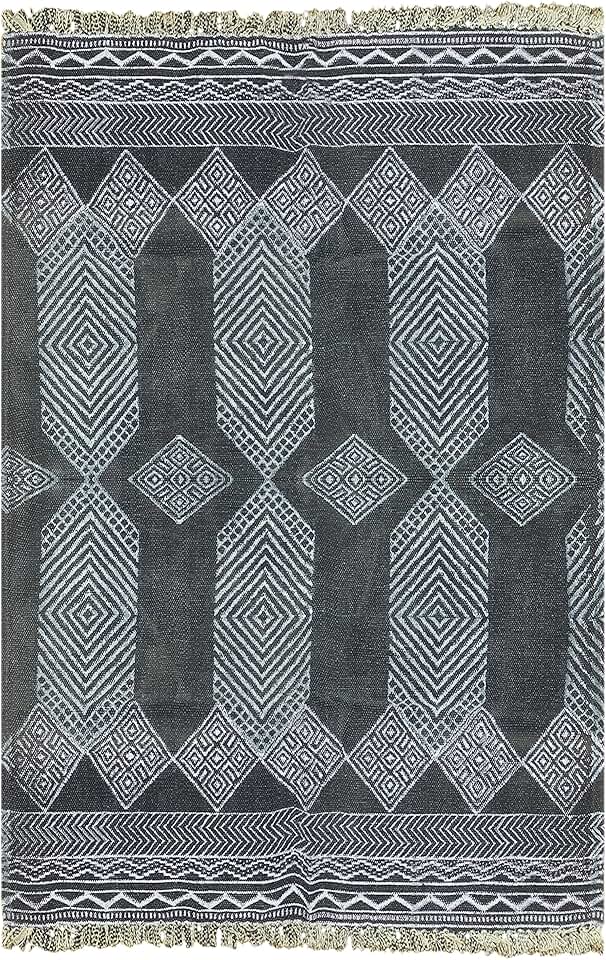 Collection Square - 7x7 Area Rug Black & Grey Pattern Cotton Dhurrie Geometric Kilim Rug Indoor Outdoor Use Carpet Flatweave Rugs for Bedroom Bedside Mat Dining Table Mat & Hall