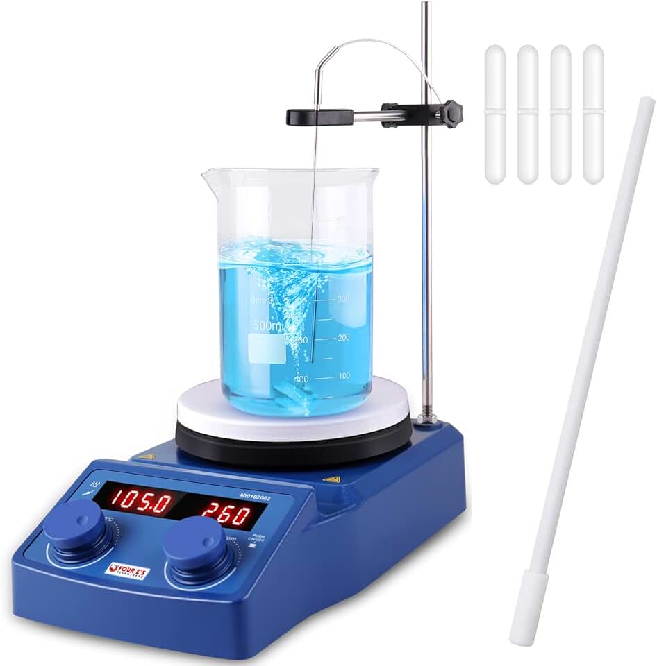 FOUR E'S SCIENTIFIC 280℃/536°F 5 inch Digital Hotplate Magnetic Stirrer Hot Plate Ceramic Coated | 100-1500rpm | 5L | 110V Support Stand Stir Bar Retriever Temp Probe Sensor Stir Bars Included