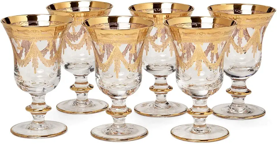 Italian Crystal Wine Glasses, Vintage Design 24kt Gold Hand Decorated Luxury Goblets, SET OF 6