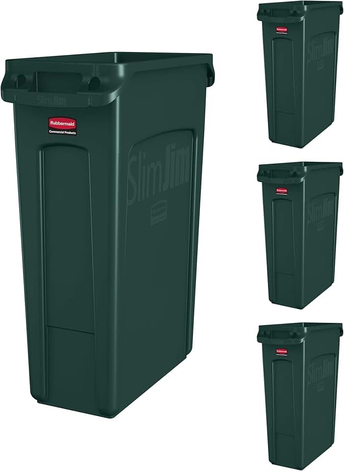 Rubbermaid Commercial Products Slim Jim Trash/Garbage Can with Venting Channels, 23-Gallon, Green, for Kitchen/Office/Workspace, Pack of 4