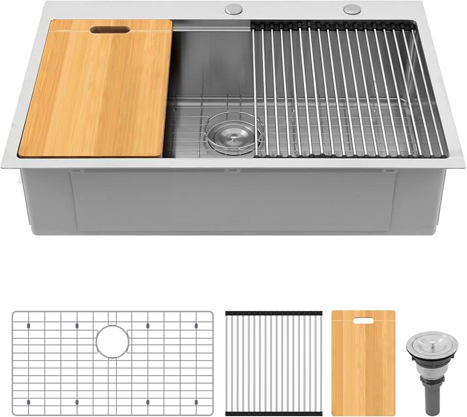 33x22 Drop In Kitchen Sink Workstation - Delironexu 33 Inch Top Mount Handmade 16 Gauge Stainless Steel Single Bowl Kitchen Sink with Integrated Ledge and Accessories, Modern Design
