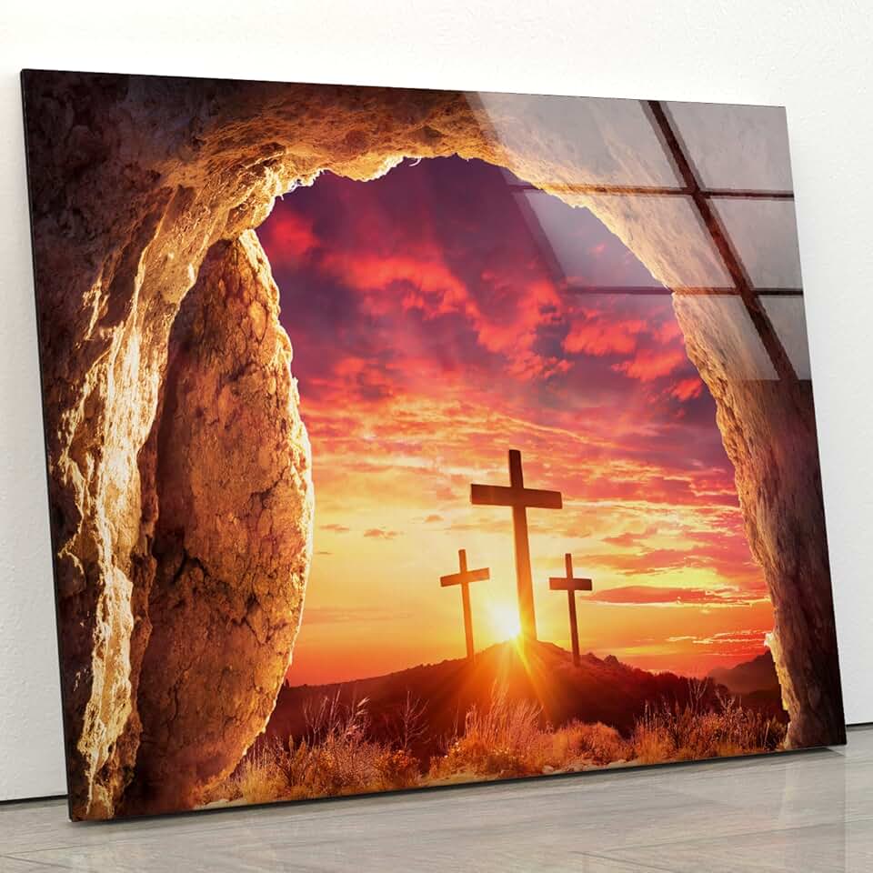 Myphotostation Jesus Cross Tempered Glass Wall Art 48Wx32H'' Christian Sign Modern Decor Glass Printing large Wall Art for Living Room Wall Decor idea Tempered Glass Panel Jesus Wall Decor